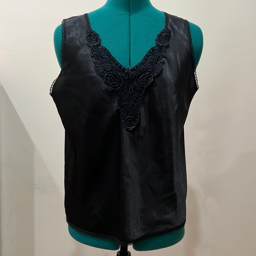 Black Satin Tank Top With Lace Trim